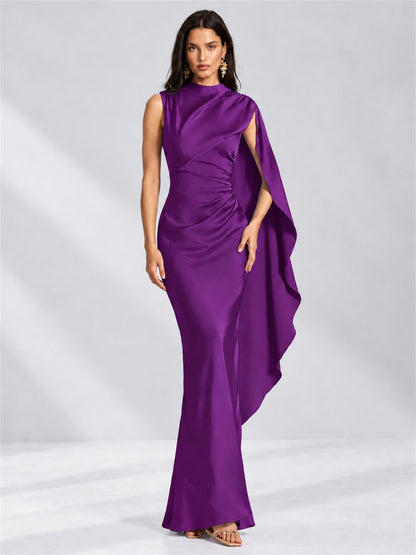 High Neck Mermaid Satin Lace Up Back Wedding Guest Dress with Cape