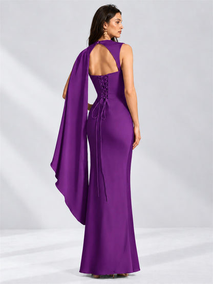 High Neck Mermaid Satin Lace Up Back Wedding Guest Dress with Cape