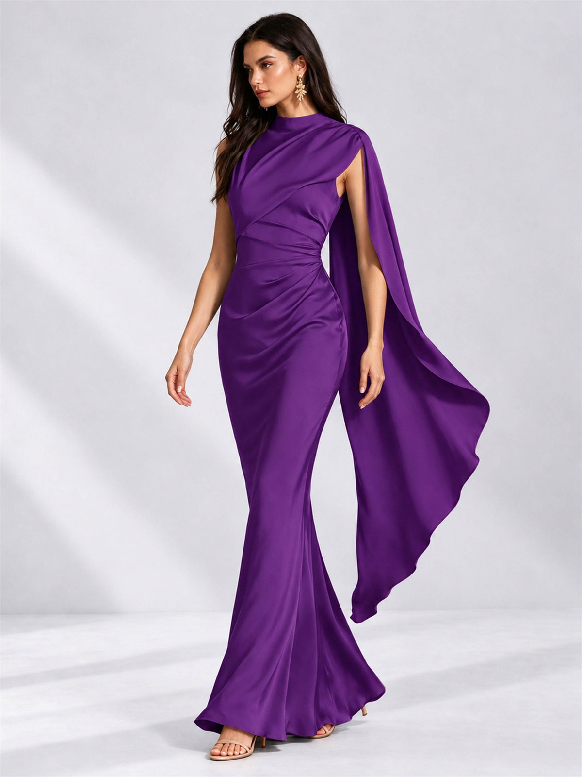 High Neck Mermaid Satin Lace Up Back Wedding Guest Dress with Cape