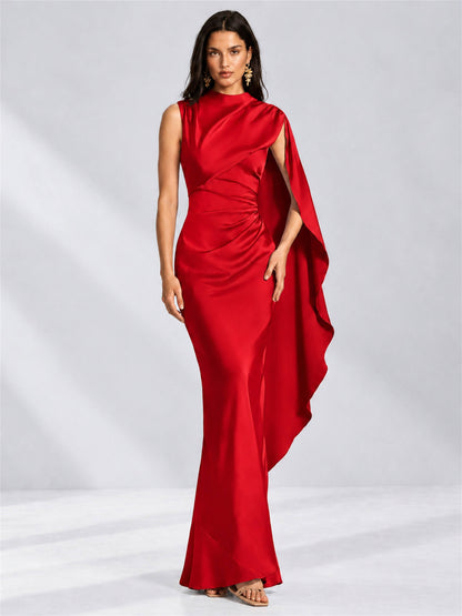 High Neck Mermaid Satin Lace Up Back Wedding Guest Dress with Cape
