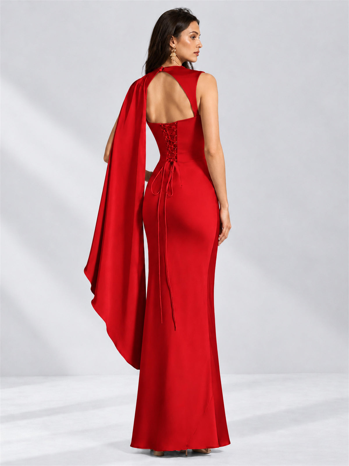High Neck Mermaid Satin Lace Up Back Wedding Guest Dress with Cape