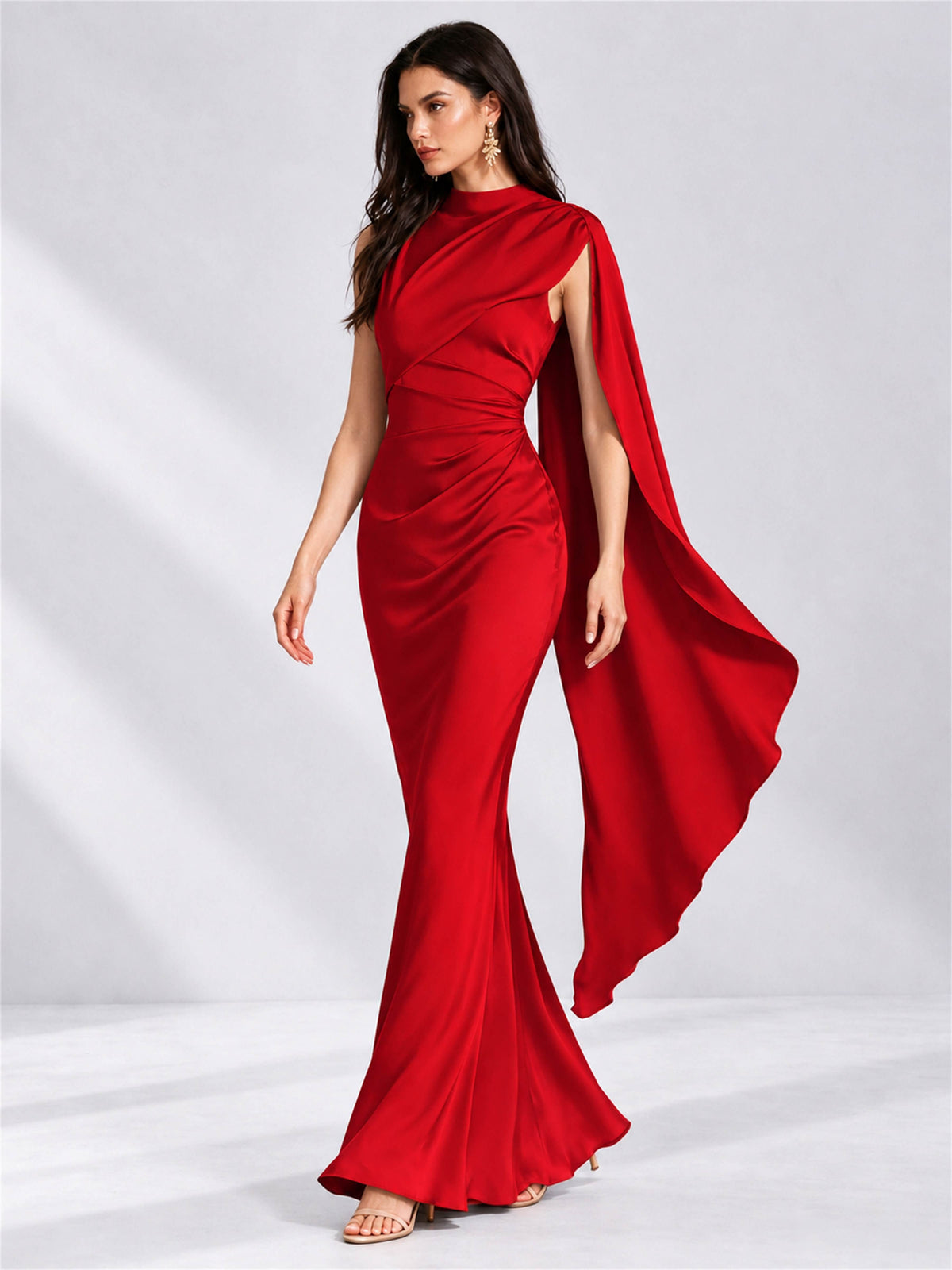 High Neck Mermaid Satin Lace Up Back Wedding Guest Dress with Cape