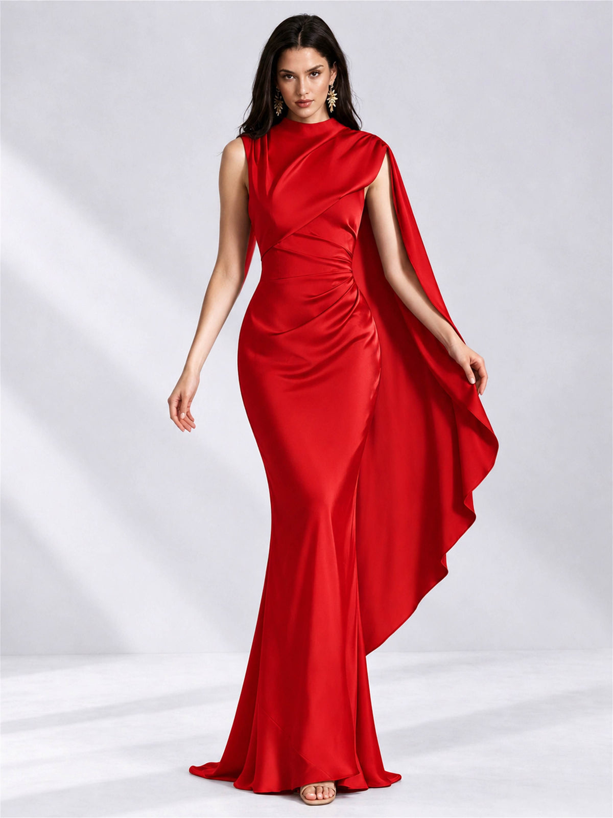 High Neck Mermaid Satin Lace Up Back Wedding Guest Dress with Cape