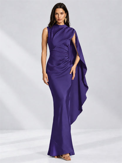 High Neck Mermaid Satin Lace Up Back Wedding Guest Dress with Cape