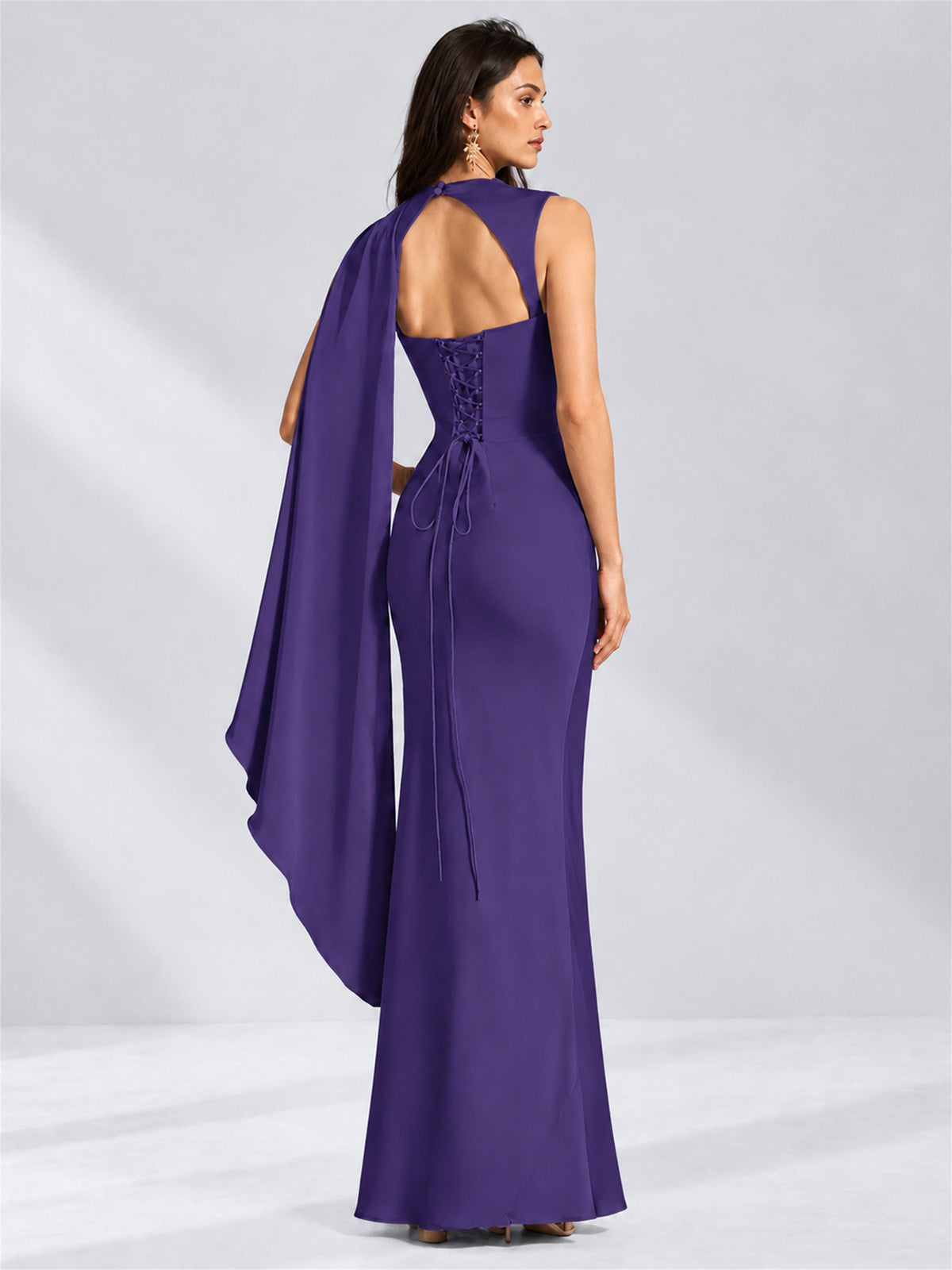 High Neck Mermaid Satin Lace Up Back Wedding Guest Dress with Cape