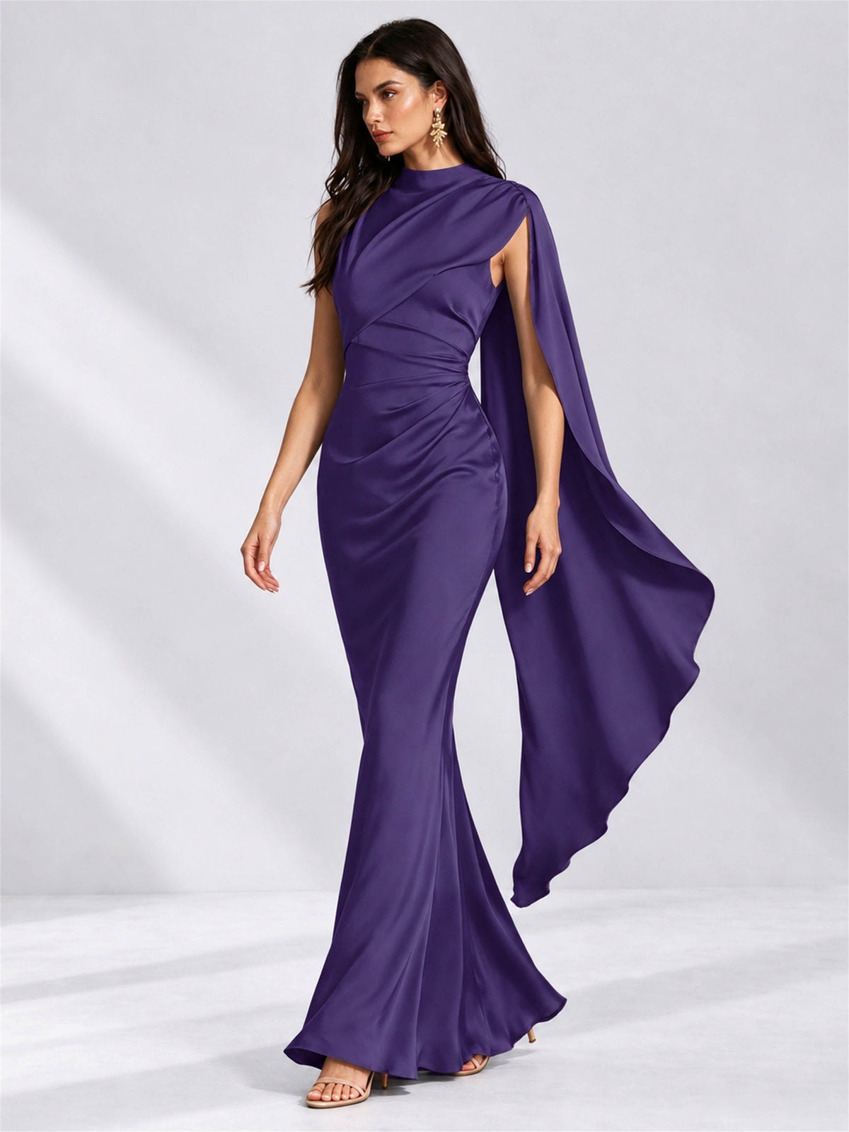 High Neck Mermaid Satin Lace Up Back Wedding Guest Dress with Cape