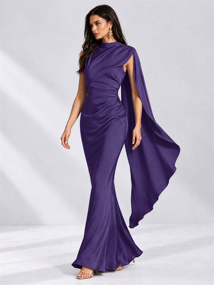 High Neck Mermaid Satin Lace Up Back Wedding Guest Dress with Cape