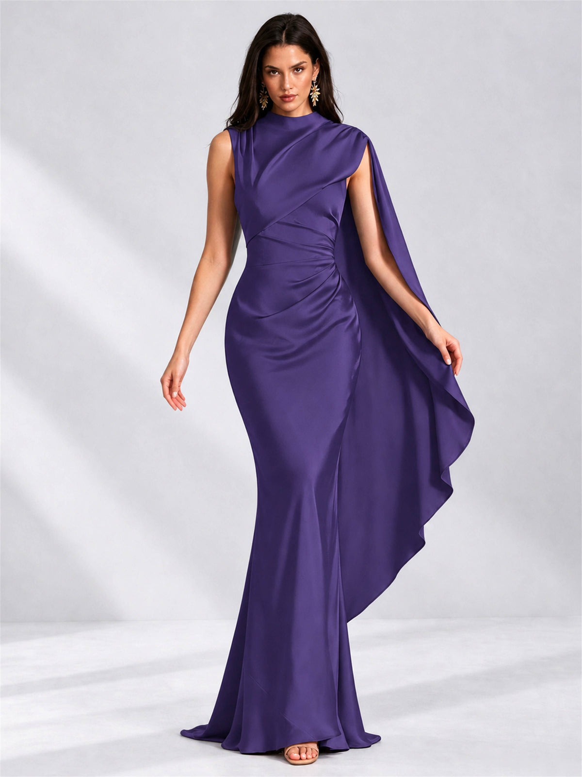 High Neck Mermaid Satin Lace Up Back Wedding Guest Dress with Cape