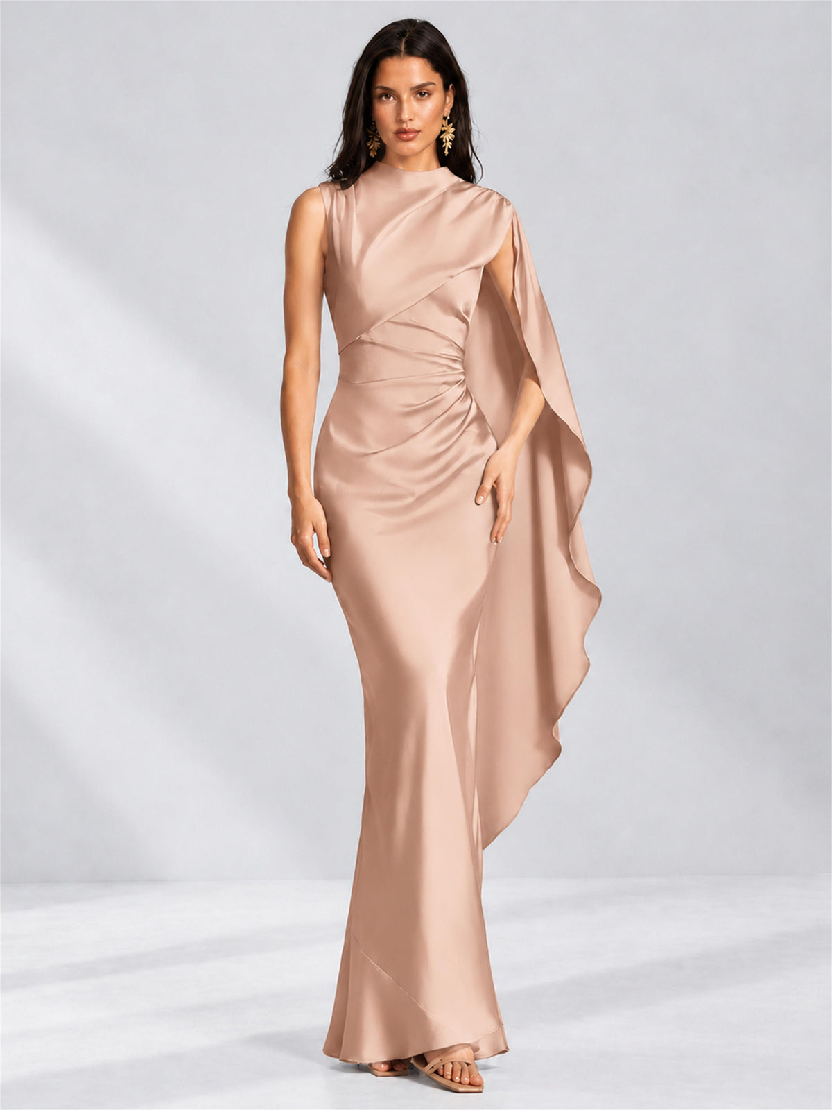 High Neck Mermaid Satin Lace Up Back Wedding Guest Dress with Cape