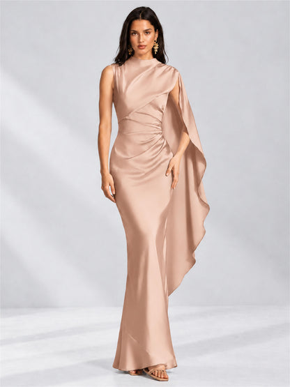 High Neck Mermaid Satin Lace Up Back Wedding Guest Dress with Cape