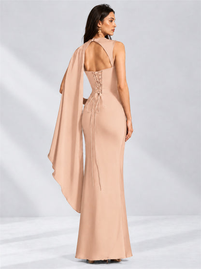 High Neck Mermaid Satin Lace Up Back Wedding Guest Dress with Cape