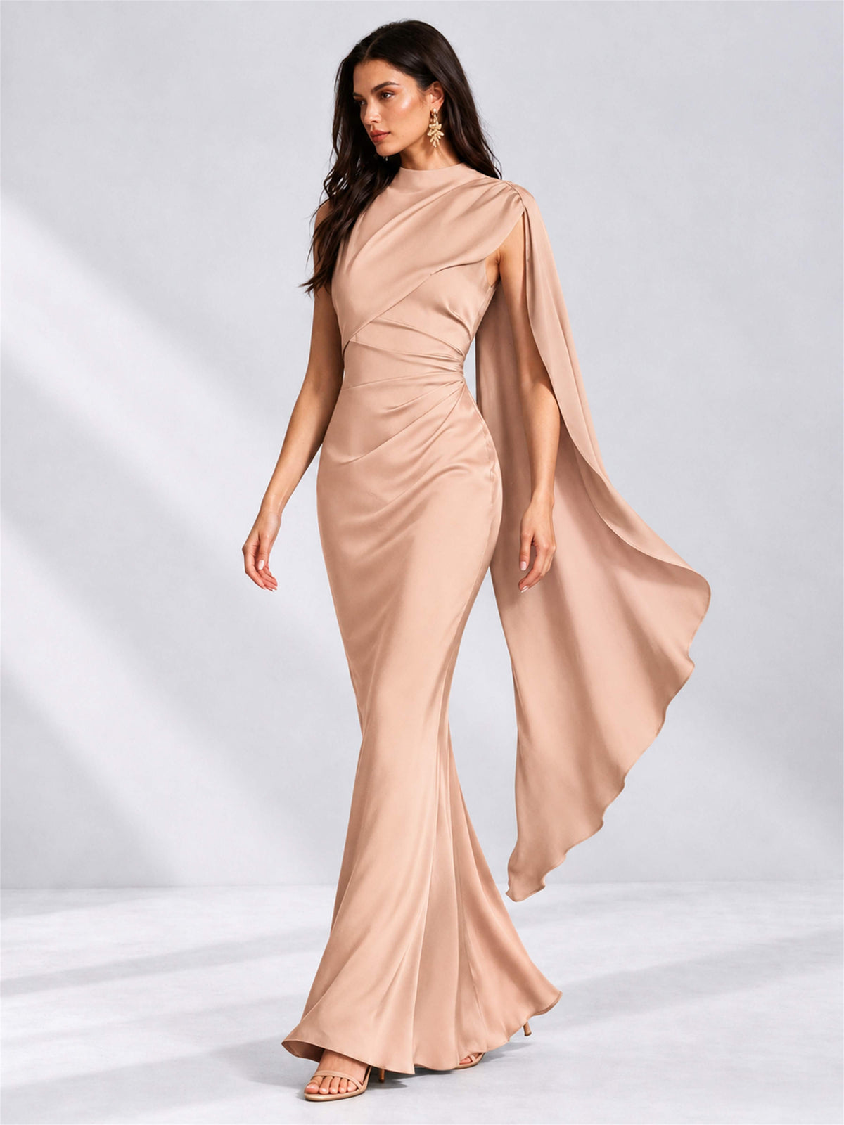High Neck Mermaid Satin Lace Up Back Wedding Guest Dress with Cape