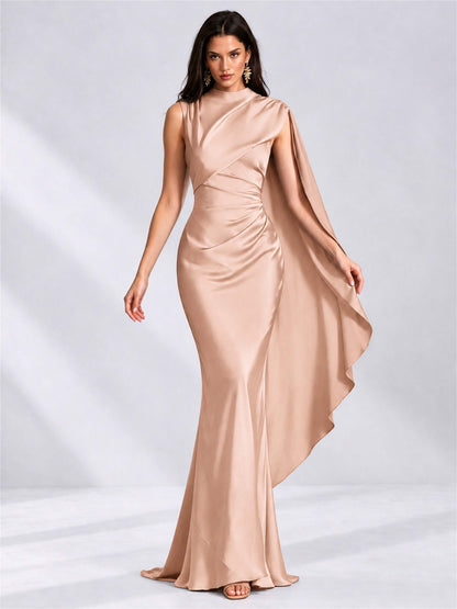 High Neck Mermaid Satin Lace Up Back Wedding Guest Dress with Cape
