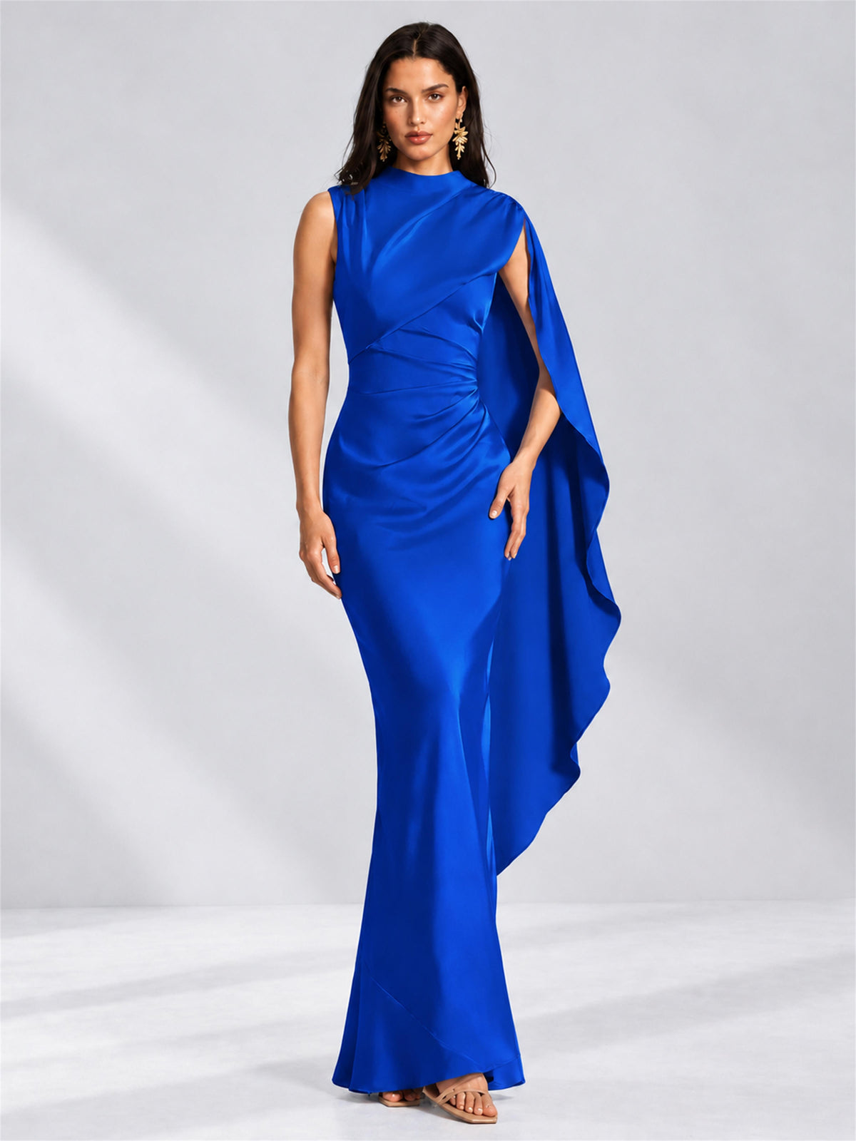 High Neck Mermaid Satin Lace Up Back Wedding Guest Dress with Cape