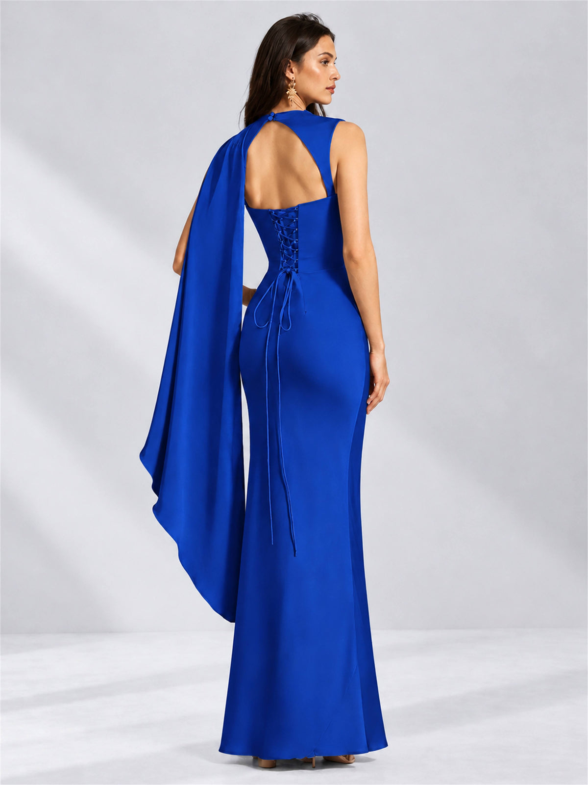 High Neck Mermaid Satin Lace Up Back Wedding Guest Dress with Cape