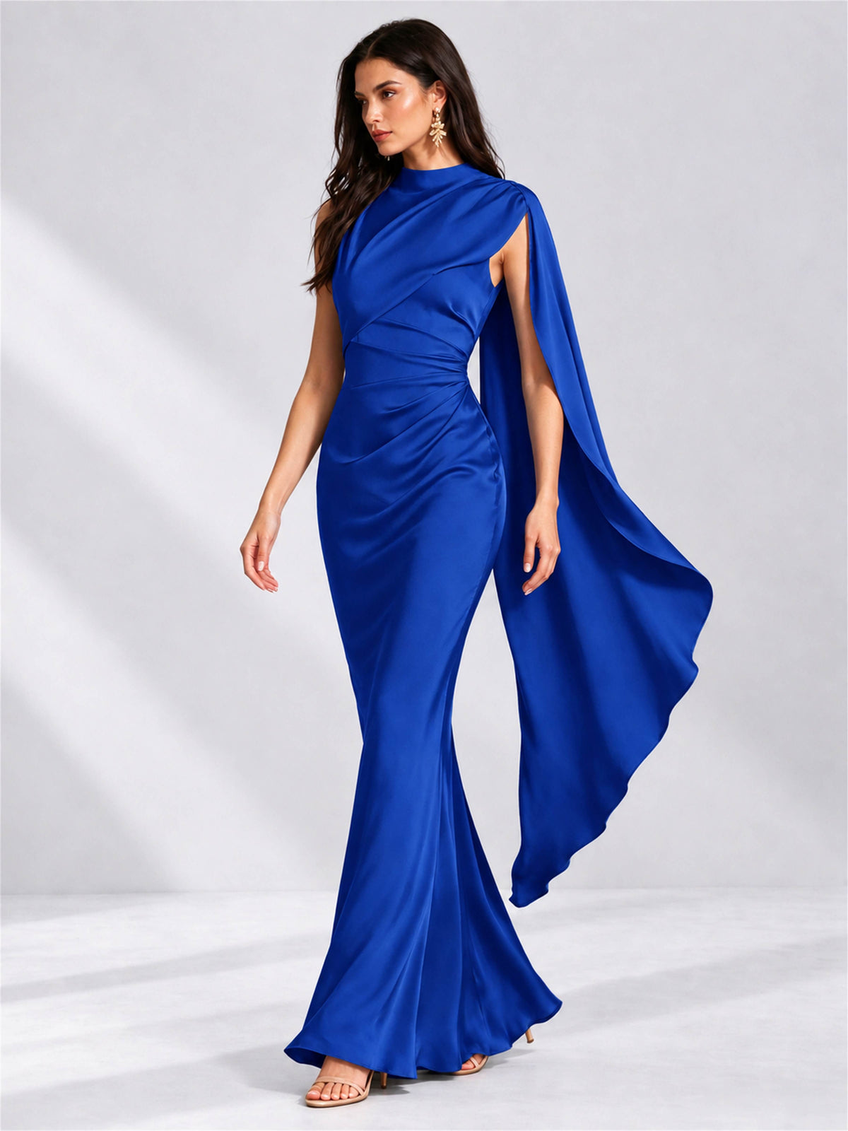 High Neck Mermaid Satin Lace Up Back Wedding Guest Dress with Cape