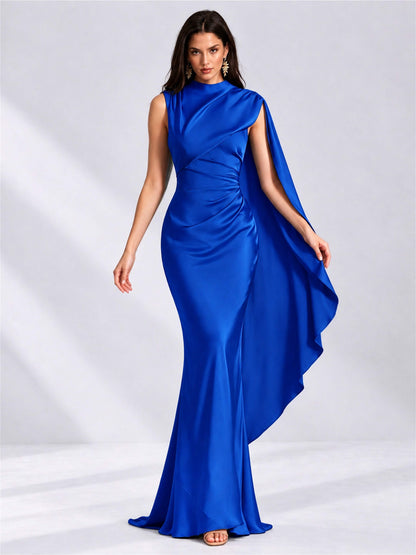 High Neck Mermaid Satin Lace Up Back Wedding Guest Dress with Cape