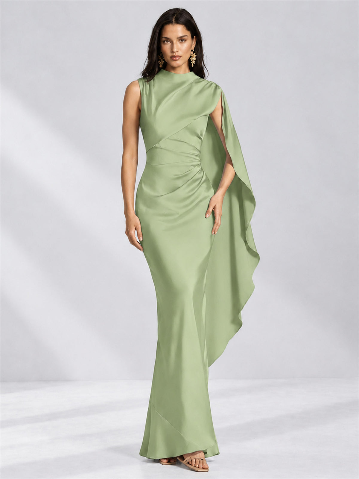High Neck Mermaid Satin Lace Up Back Wedding Guest Dress with Cape