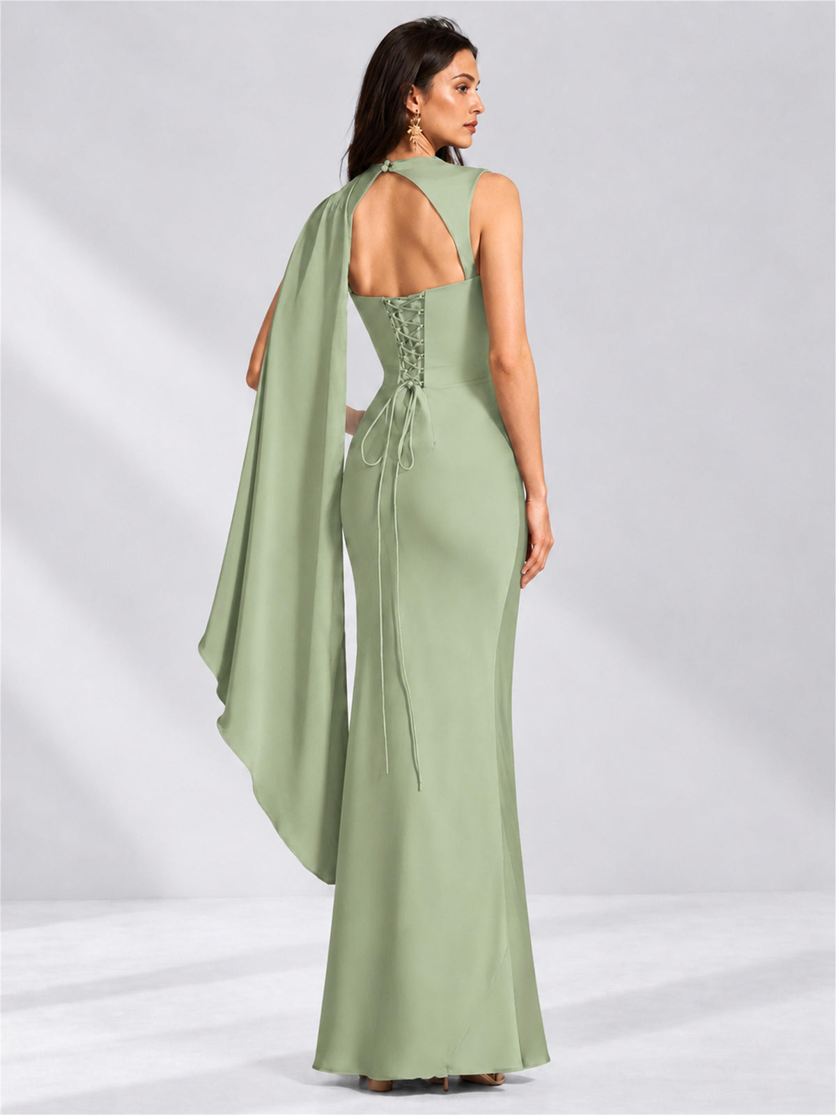 High Neck Mermaid Satin Lace Up Back Wedding Guest Dress with Cape