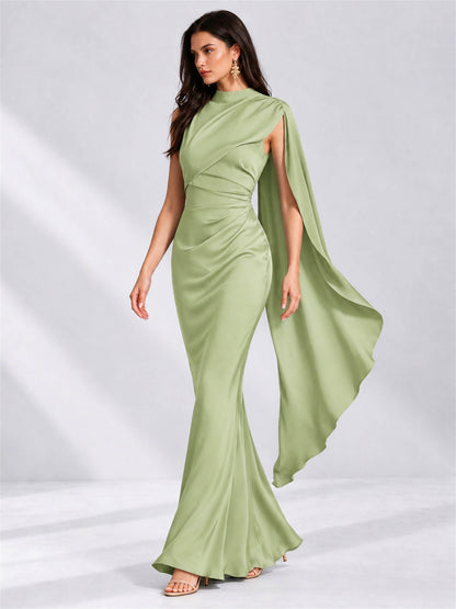 High Neck Mermaid Satin Lace Up Back Wedding Guest Dress with Cape