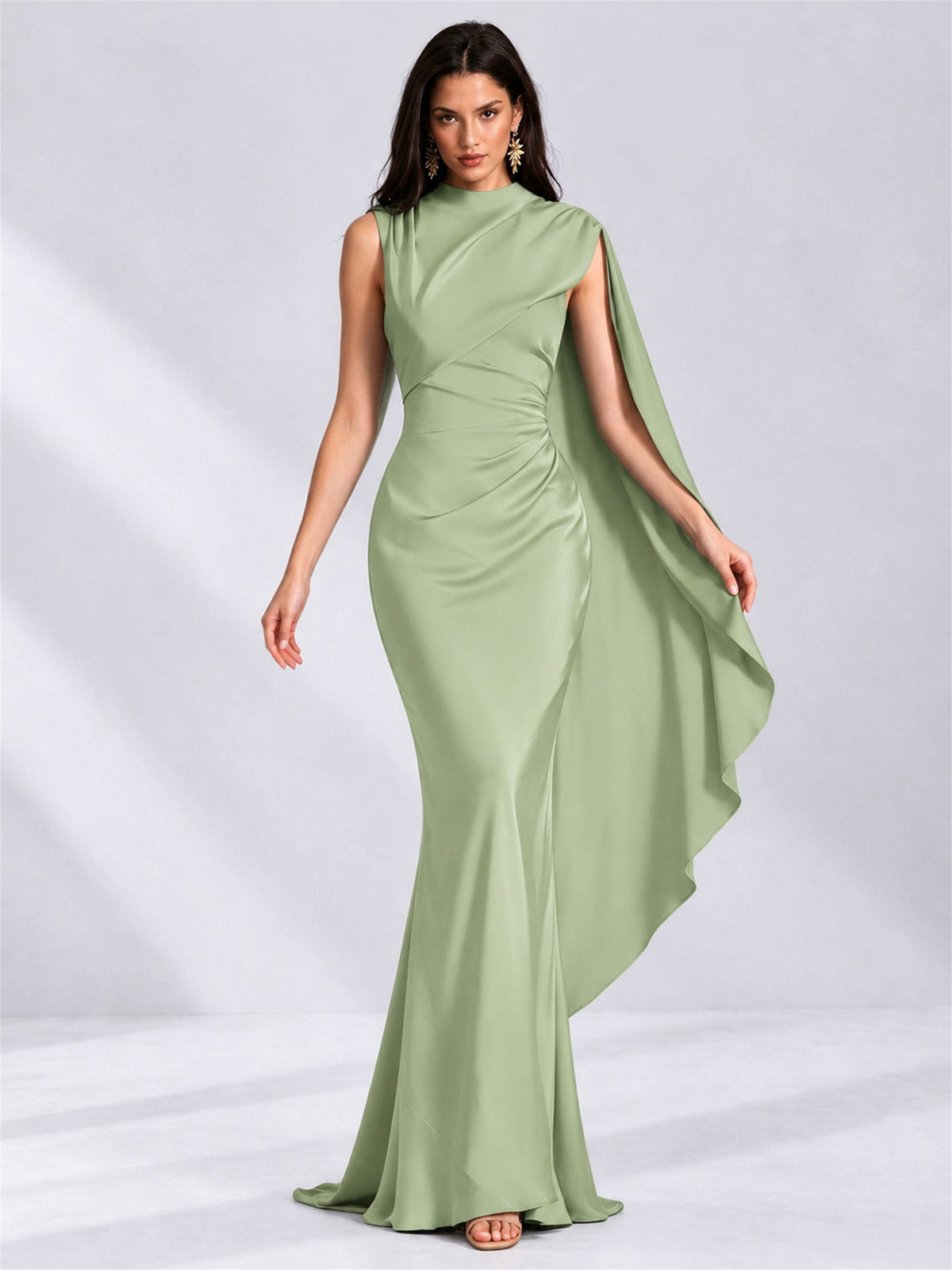 High Neck Mermaid Satin Lace Up Back Wedding Guest Dress with Cape