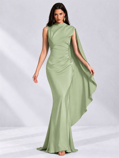 High Neck Mermaid Satin Lace Up Back Wedding Guest Dress with Cape