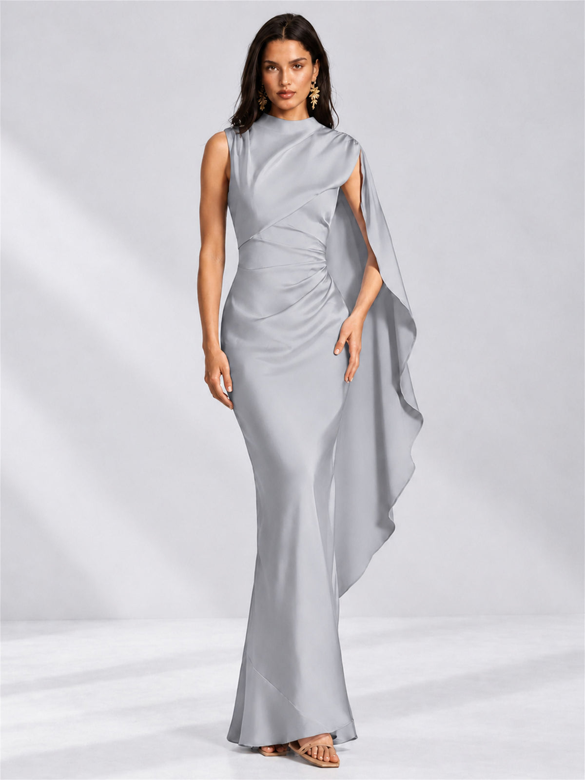 High Neck Mermaid Satin Lace Up Back Wedding Guest Dress with Cape