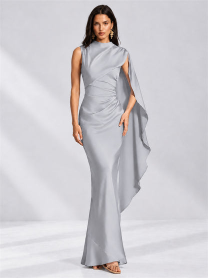 High Neck Mermaid Satin Lace Up Back Wedding Guest Dress with Cape
