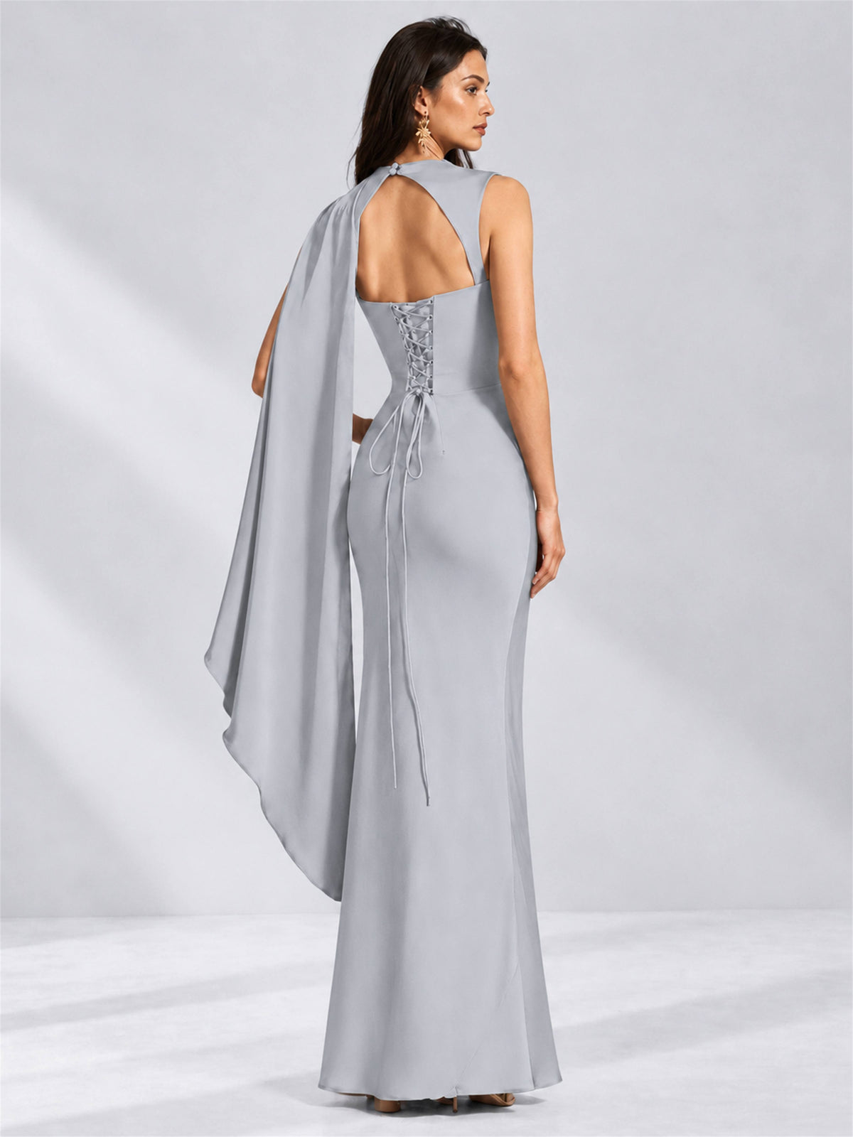High Neck Mermaid Satin Lace Up Back Wedding Guest Dress with Cape