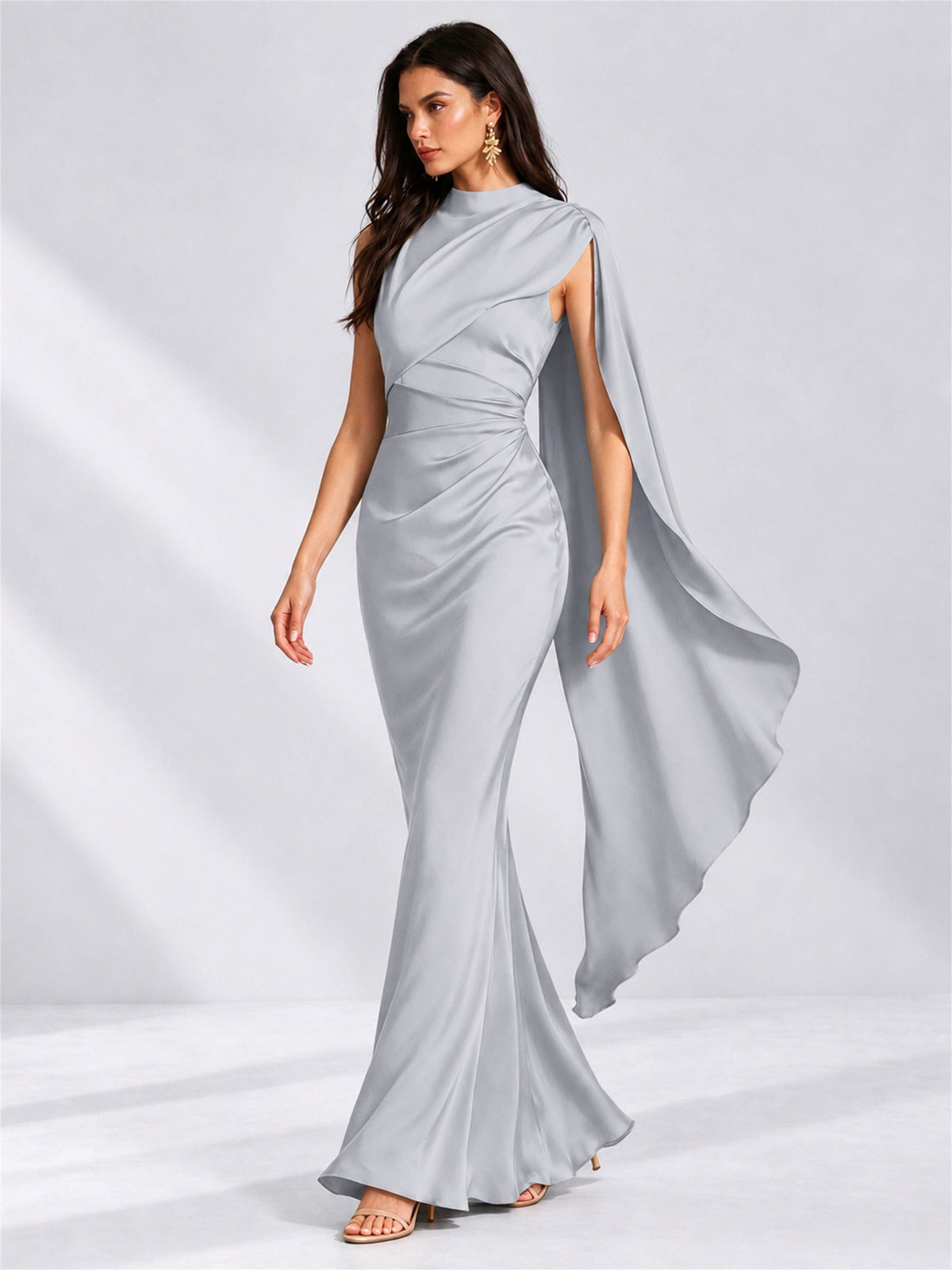 High Neck Mermaid Satin Lace Up Back Wedding Guest Dress with Cape