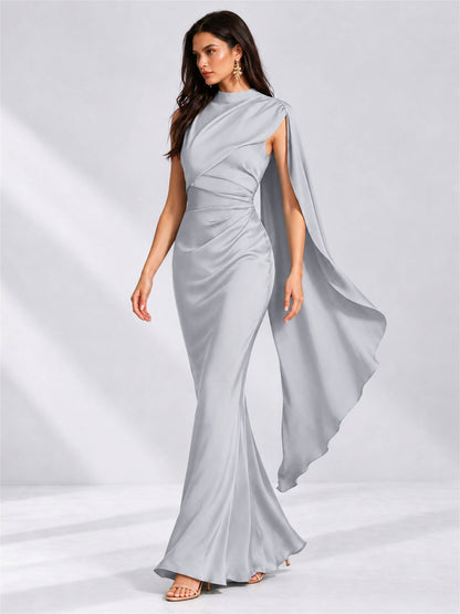 High Neck Mermaid Satin Lace Up Back Wedding Guest Dress with Cape