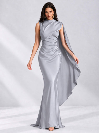 High Neck Mermaid Satin Lace Up Back Wedding Guest Dress with Cape