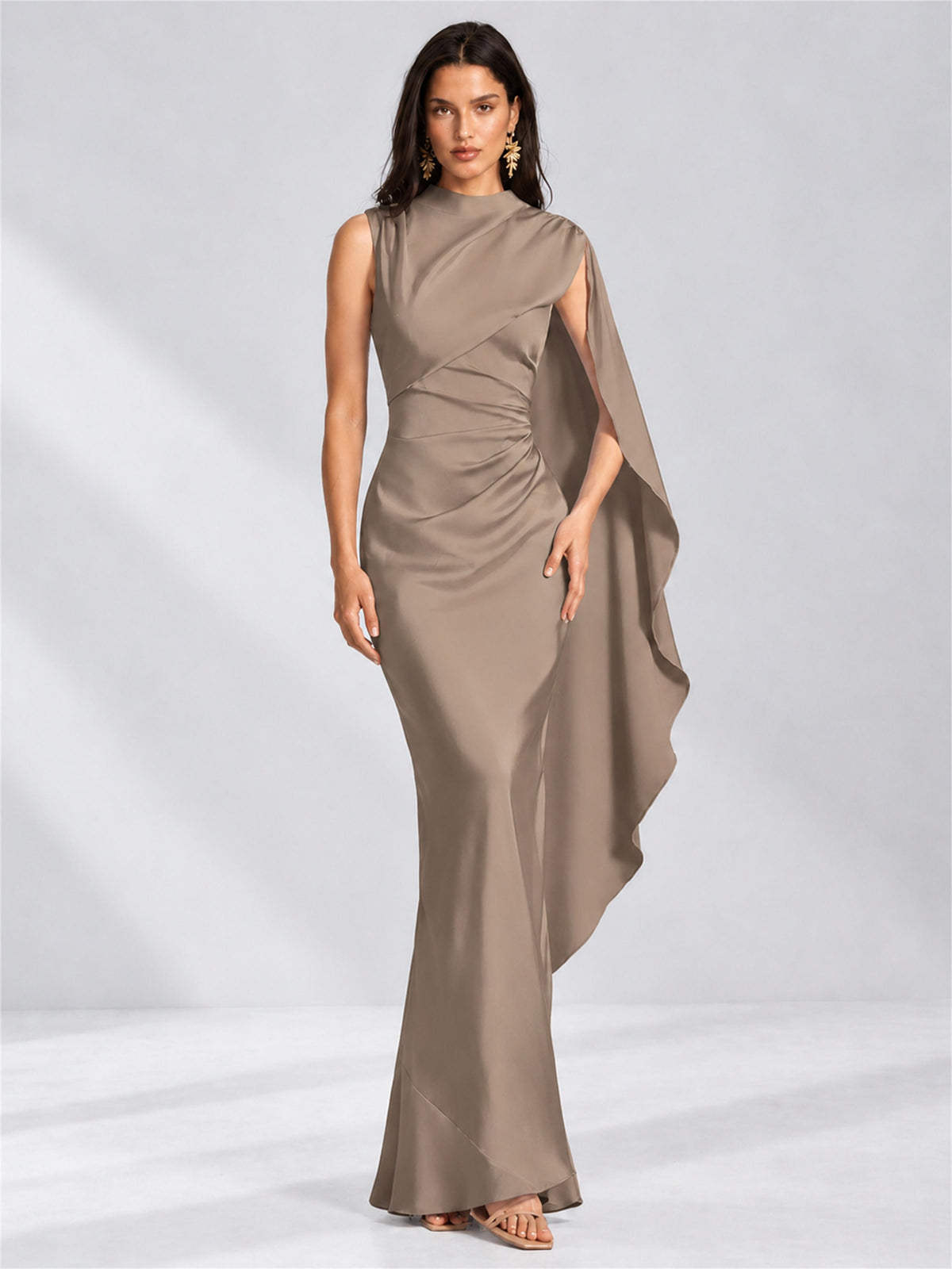 High Neck Mermaid Satin Lace Up Back Wedding Guest Dress with Cape