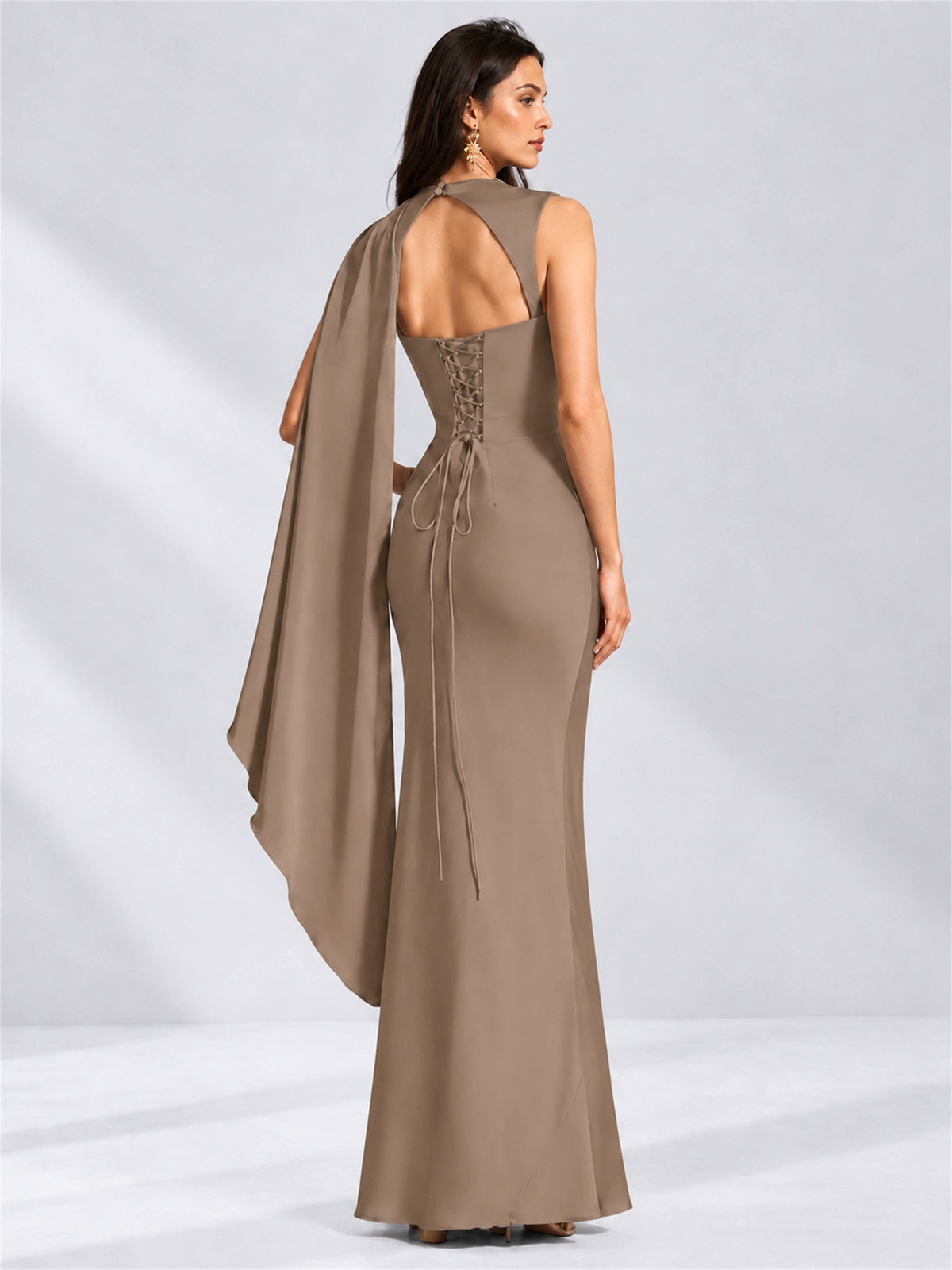 High Neck Mermaid Satin Lace Up Back Wedding Guest Dress with Cape