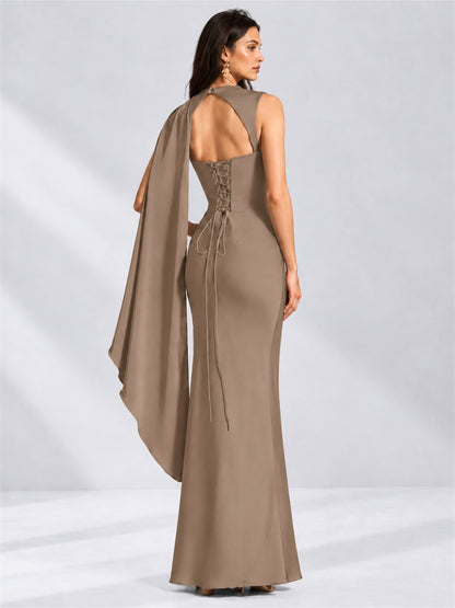 High Neck Mermaid Satin Lace Up Back Wedding Guest Dress with Cape