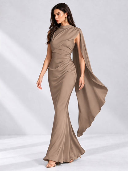 High Neck Mermaid Satin Lace Up Back Wedding Guest Dress with Cape