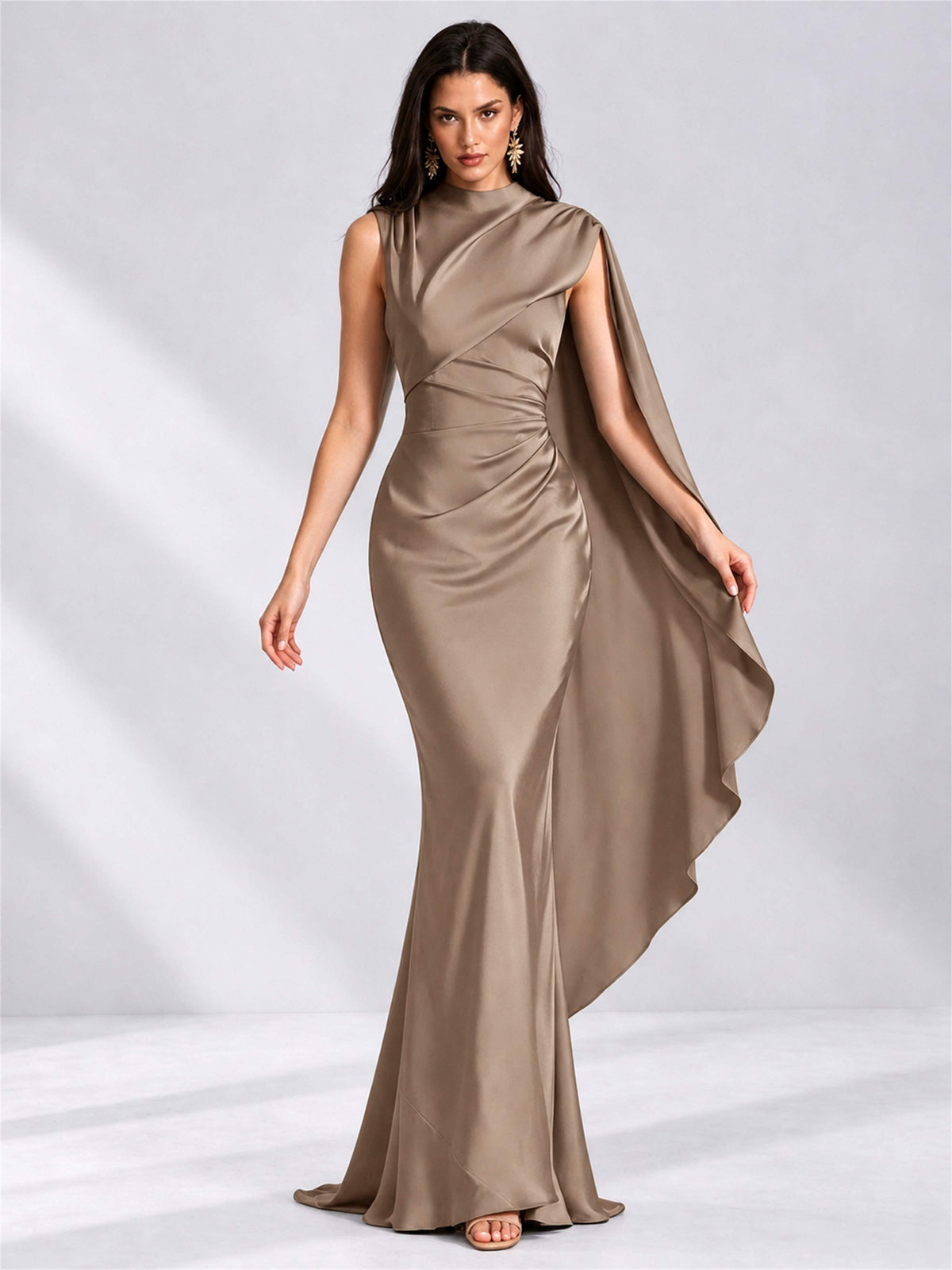 High Neck Mermaid Satin Lace Up Back Wedding Guest Dress with Cape