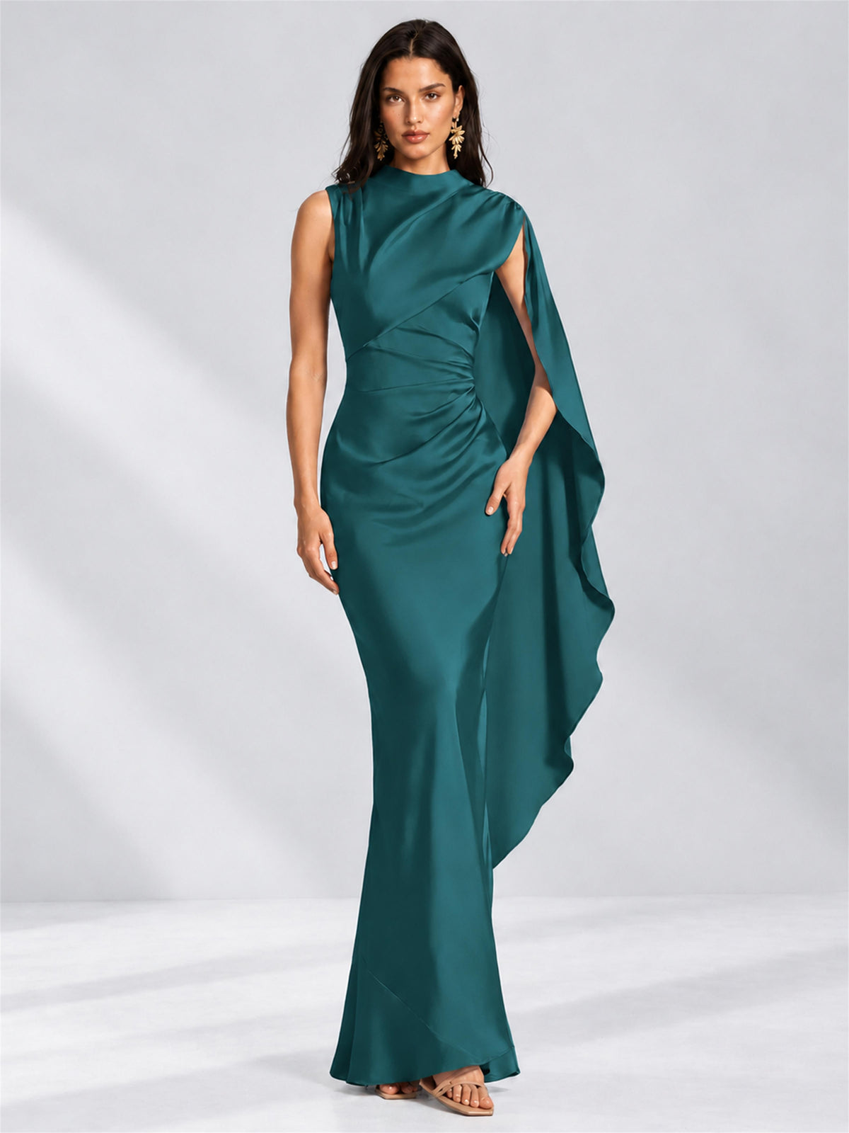 High Neck Mermaid Satin Lace Up Back Wedding Guest Dress with Cape