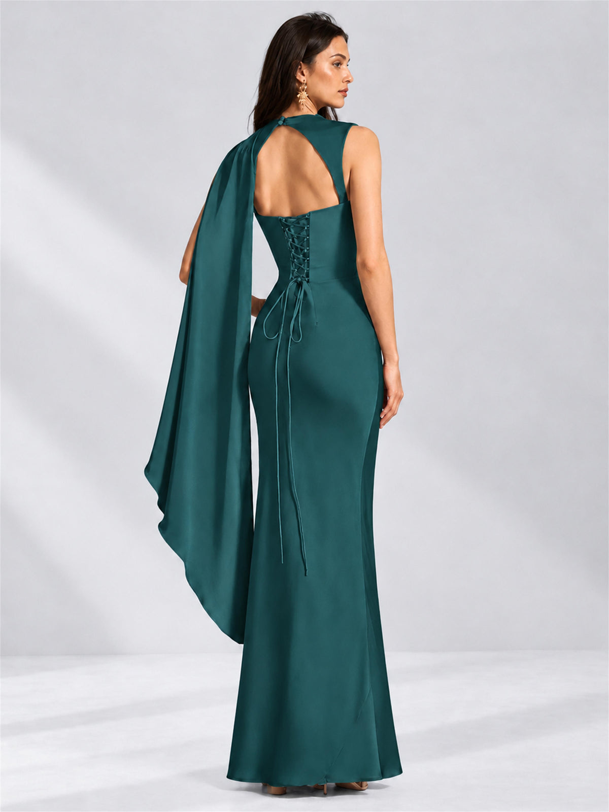 High Neck Mermaid Satin Lace Up Back Wedding Guest Dress with Cape