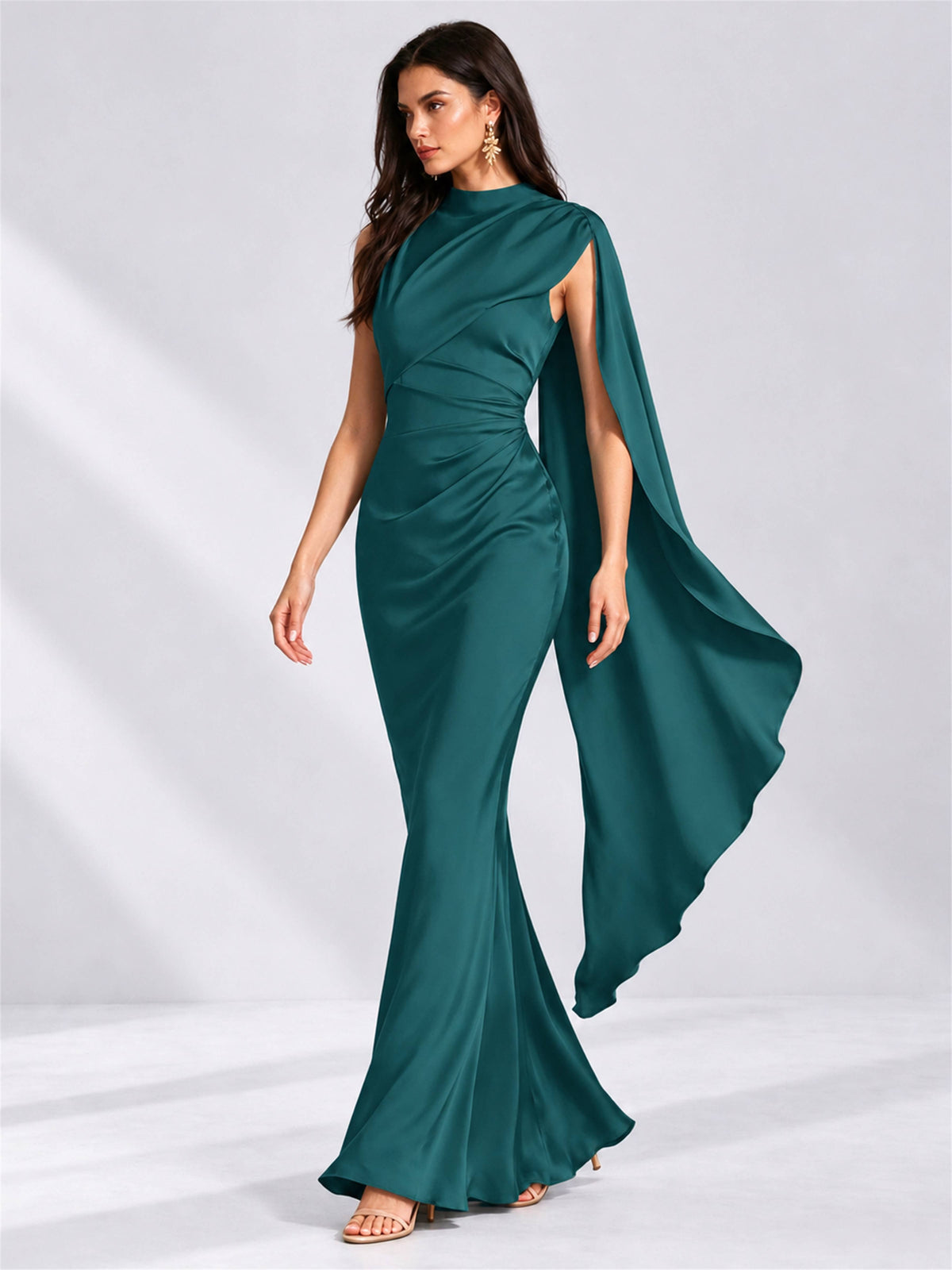 High Neck Mermaid Satin Lace Up Back Wedding Guest Dress with Cape