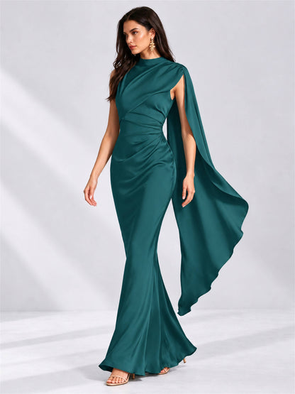 High Neck Mermaid Satin Lace Up Back Wedding Guest Dress with Cape