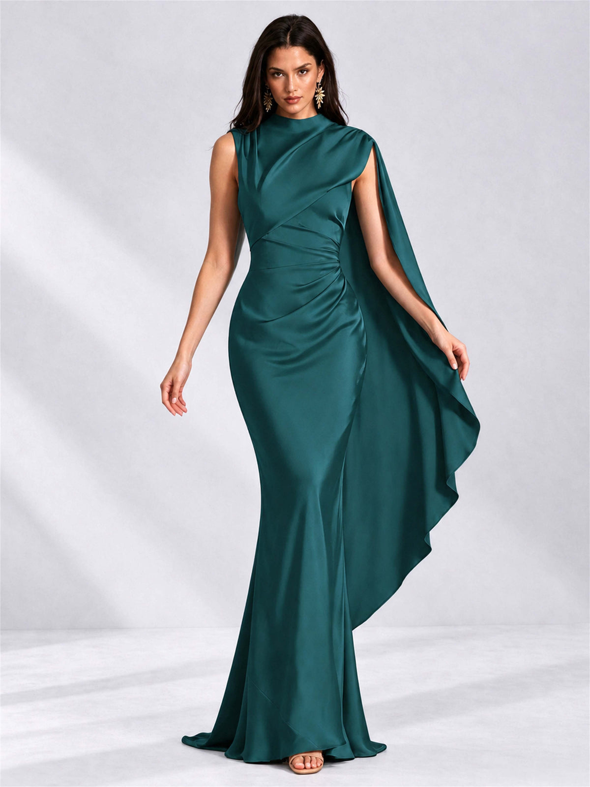 High Neck Mermaid Satin Lace Up Back Wedding Guest Dress with Cape
