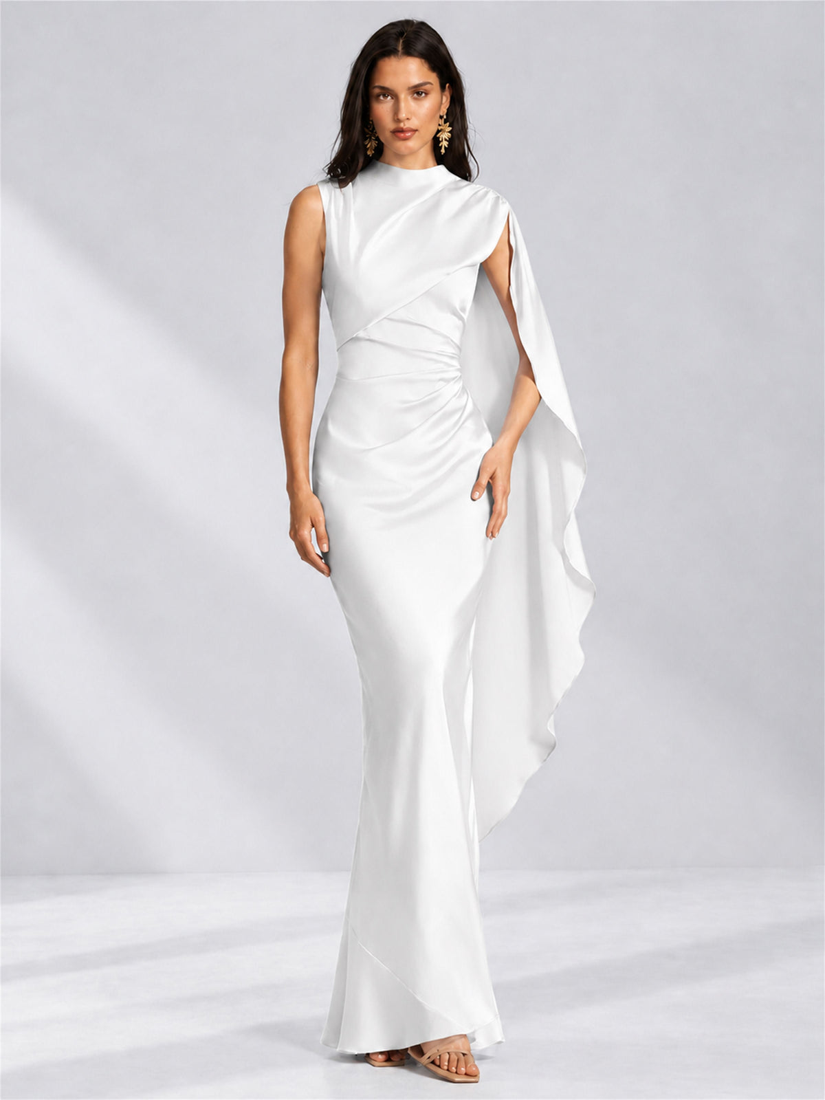 High Neck Mermaid Satin Lace Up Back Wedding Guest Dress with Cape