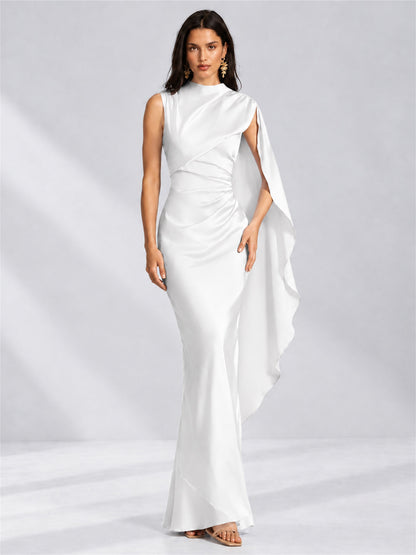 High Neck Mermaid Satin Lace Up Back Wedding Guest Dress with Cape