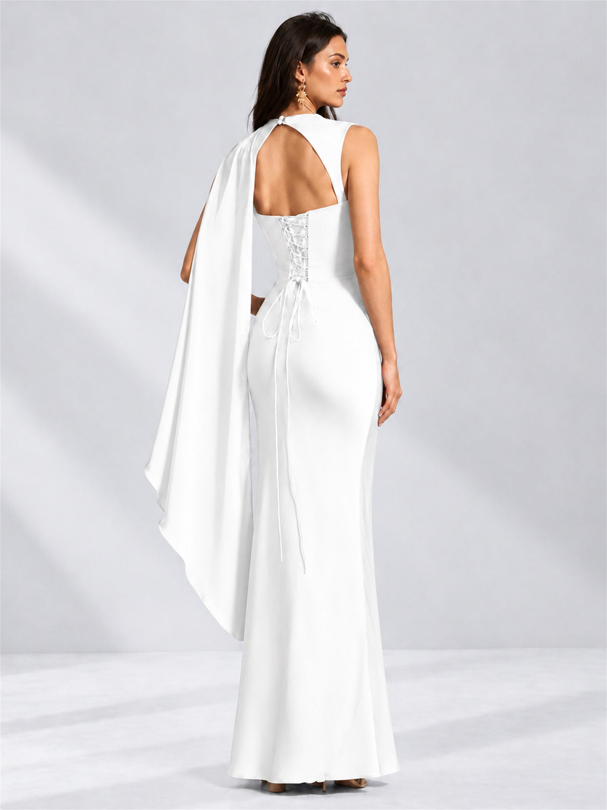High Neck Mermaid Satin Lace Up Back Wedding Guest Dress with Cape