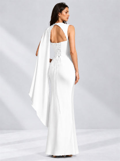 High Neck Mermaid Satin Lace Up Back Wedding Guest Dress with Cape