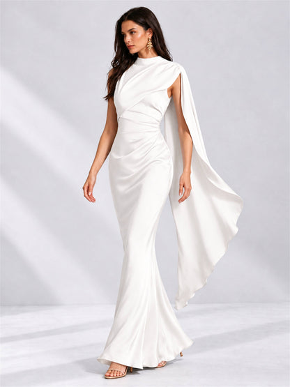 High Neck Mermaid Satin Lace Up Back Wedding Guest Dress with Cape