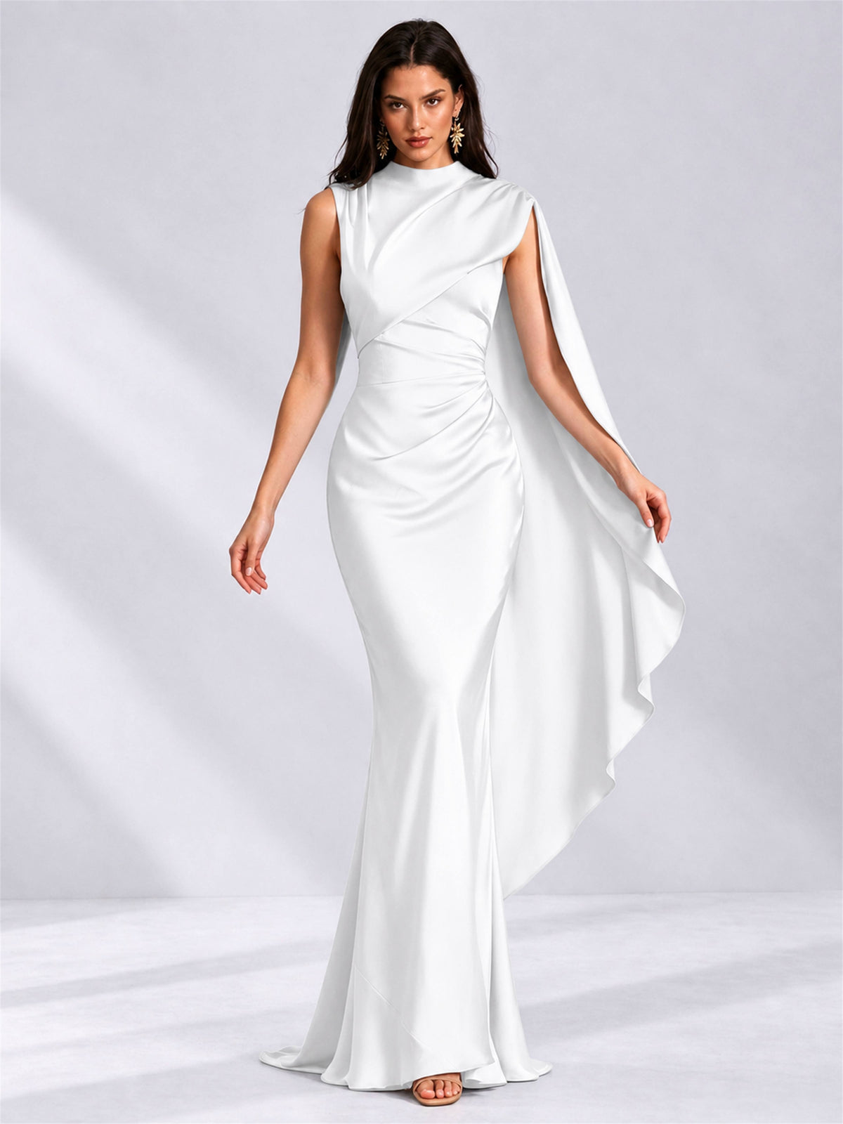 High Neck Mermaid Satin Lace Up Back Wedding Guest Dress with Cape
