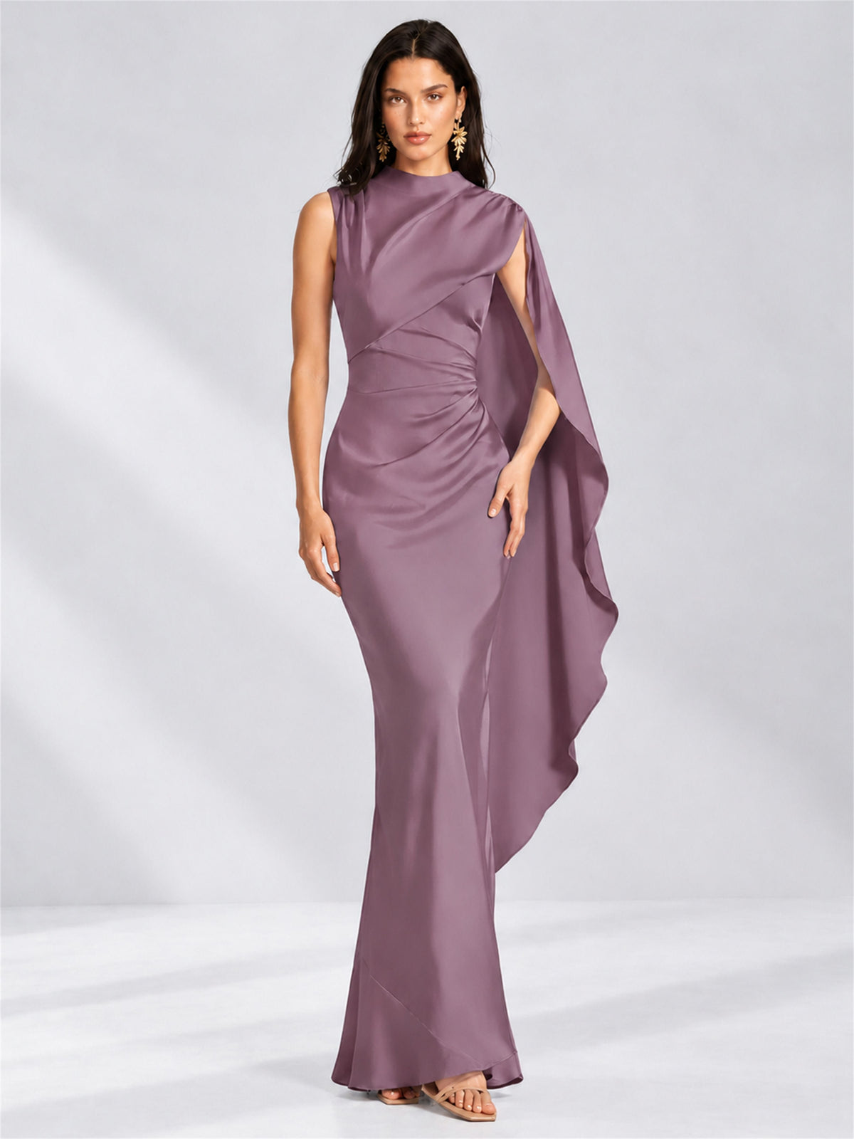 High Neck Mermaid Satin Lace Up Back Wedding Guest Dress with Cape