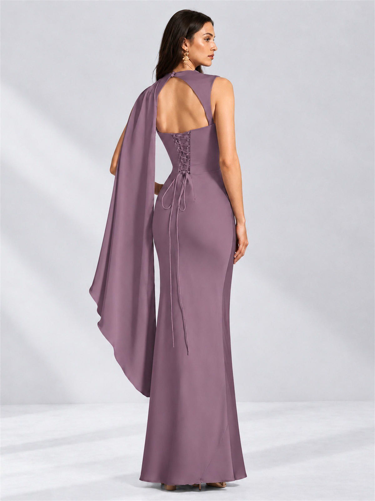 High Neck Mermaid Satin Lace Up Back Wedding Guest Dress with Cape
